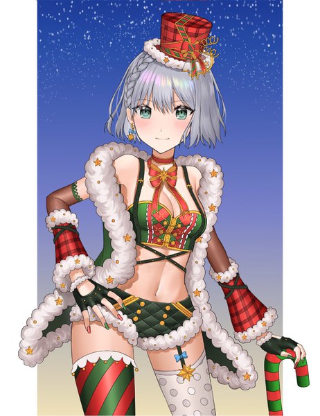 Anime picture 1200x1556 with bang dream! aoba moca jaaane0 0 single tall image looking at viewer blush short hair breasts light erotic smile green eyes cleavage silver hair braid (braids) nail polish fur trim hand on hip christmas side braid