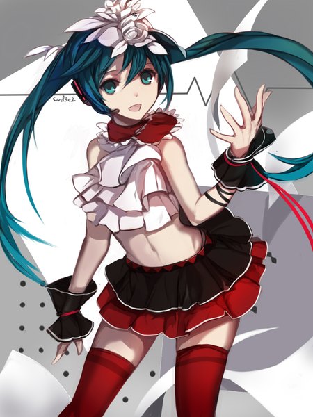 Anime picture 1511x2015 with project diva f 2nd vocaloid nisoku hokou (vocaloid) hatsune miku swd3e2 single long hair tall image looking at viewer fringe open mouth standing twintails signed hair flower aqua eyes aqua hair midriff alternate costume zettai ryouiki