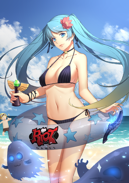 Anime picture 1736x2455 with league of legends sona buvelle ezreal (league of legends) daye bie qia lian single tall image looking at viewer highres breasts blue eyes light erotic twintails very long hair hair flower aqua hair beach underboob girl navel flower (flowers)