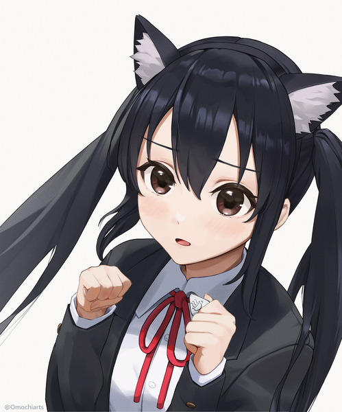 Anime picture 2520x3031 with k-on! kyoto animation nakano azusa omochiarts single long hair tall image fringe highres black hair simple background hair between eyes white background twintails brown eyes animal ears payot looking away upper body fake animal ears