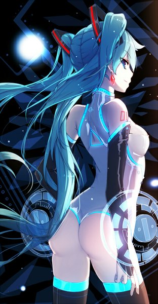 Anime picture 417x800 with vocaloid hatsune miku qys3 single long hair tall image breasts blue eyes light erotic smile standing twintails ass from behind aqua hair tattoo glowing arched back girl earrings