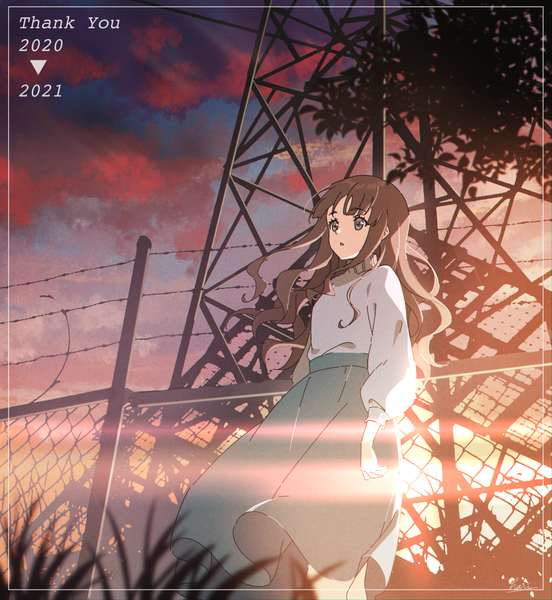 Anime picture 1500x1630 with original hari611 single long hair tall image fringe brown hair brown eyes looking away sky cloud (clouds) outdoors blunt bangs wind new year 2020 2021 morning sunrise thank you