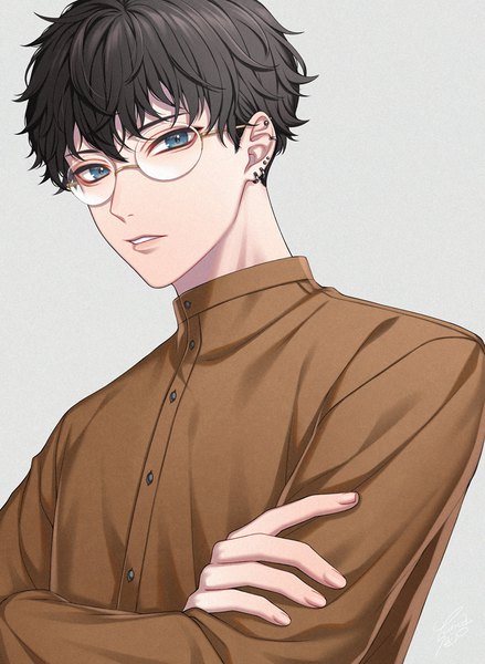 Anime picture 731x1000 with original ca yu single tall image looking at viewer fringe short hair blue eyes black hair simple background hair between eyes upper body parted lips fingernails grey background piercing ear piercing crossed arms boy shirt