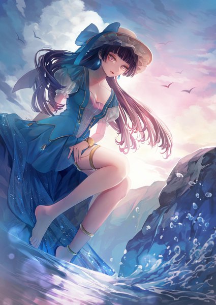 Anime picture 1062x1500 with original suimin kote single long hair tall image looking at viewer fringe sitting sky cloud (clouds) full body outdoors blunt bangs pink eyes barefoot wind sparkle girl hat earrings