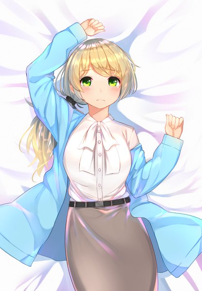 Anime picture 2500x3608 with new horizon ellen baker the cold single long hair tall image looking at viewer blush fringe highres blonde hair green eyes lying long sleeves from above off shoulder open clothes on back low ponytail shiny