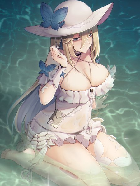 Anime picture 900x1200 with honkai impact 3rd honkai (series) aponia (honkai impact) ura (hamburg oniku) single long hair tall image fringe breasts light erotic blonde hair hair between eyes large breasts from above sparkle partially submerged official alternate costume girl hat water