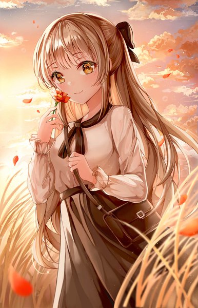 Anime picture 1000x1553 with original ssum (ehf dustk) single long hair tall image looking at viewer blush fringe smile brown hair standing holding brown eyes payot sky cloud (clouds) outdoors blunt bangs long sleeves wind