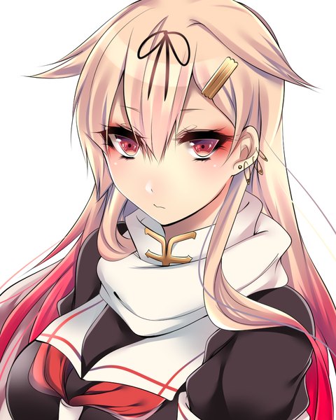 Anime picture 900x1125 with kantai collection yuudachi destroyer shisei (kyuushoku banchou) single long hair tall image blush simple background blonde hair red eyes white background multicolored hair from above piercing gradient hair eyeshadow remodel (kantai collection) girl hair ornament hairclip