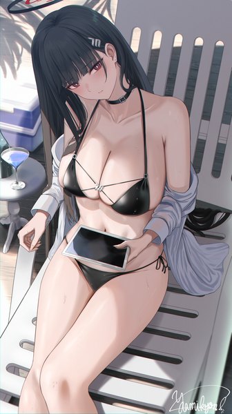 Anime-Bild 2296x4104 mit blue archive rio (blue archive) yamikyon single long hair tall image blush fringe highres breasts light erotic black hair red eyes large breasts sitting holding signed looking away outdoors blunt bangs