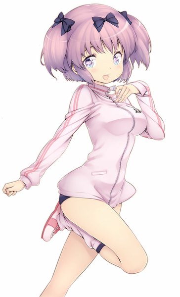 Anime picture 667x1100 with senran kagura hibari (senran kagura) zizi (zz22) single tall image looking at viewer open mouth blue eyes simple background smile white background twintails pink hair legs short twintails running girl bow hair bow shoes