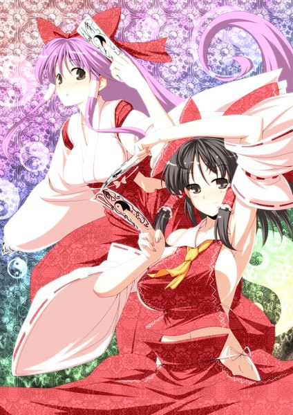 Anime picture 1084x1534 with touhou hakurei reimu tro long hair tall image blush short hair breasts light erotic black hair large breasts twintails multiple girls pink hair japanese clothes black eyes no bra armpit (armpits) short twintails girl