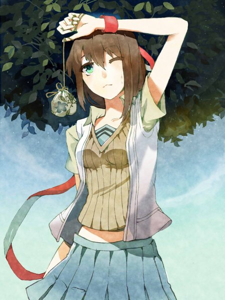 Anime-Bild 1920x2560 mit original s a~ single long hair tall image blush highres brown hair green eyes sky pleated skirt one eye closed wink arms up sweat casual girl skirt ribbon (ribbons) plant (plants)