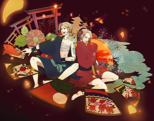 Anime picture 2010x1582 with vocaloid kagamine rin kagamine len ikuryomaga highres short hair open mouth blonde hair sitting japanese clothes barefoot hair flower tattoo twins girl boy hair ornament flower (flowers) bobby pin bandage (bandages)