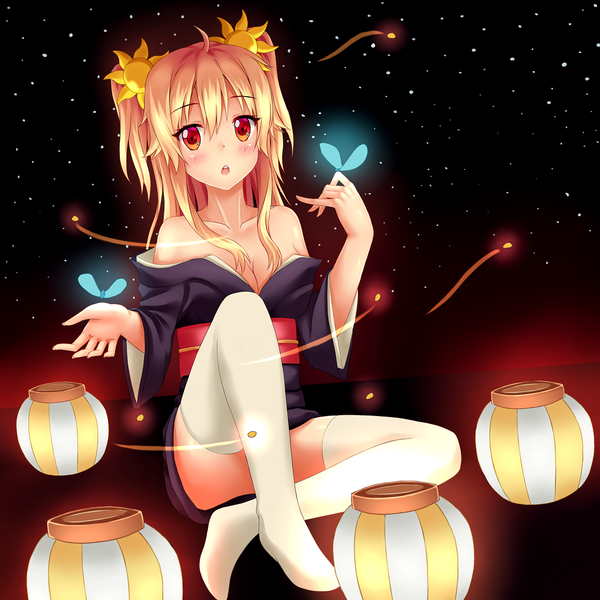 Anime picture 1200x1200 with original nottytiffy single long hair looking at viewer blush fringe open mouth light erotic blonde hair red eyes sitting bare shoulders cleavage two side up no shoes butterfly on hand girl thighhighs hair ornament