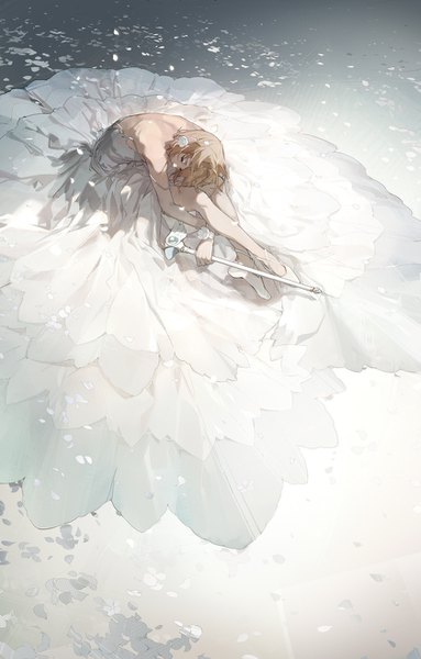 Anime picture 840x1314 with card captor sakura clamp kinomoto sakura nine (liuyuhao1992) single tall image fringe short hair simple background brown hair sitting bare shoulders holding full body bent knee (knees) eyes closed hair flower from above sunlight grey background