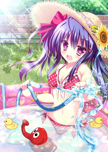 Anime picture 1000x1403 with original rikatan single long hair tall image looking at viewer blush open mouth light erotic purple eyes twintails blue hair girl bow swimsuit hair bow hat bikini water straw hat
