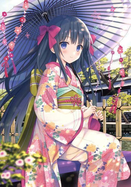 Anime picture 2758x3920 with original yuuki rika single long hair tall image looking at viewer blush highres blue eyes black hair smile sitting outdoors traditional clothes japanese clothes scan wide sleeves floral print girl flower (flowers)