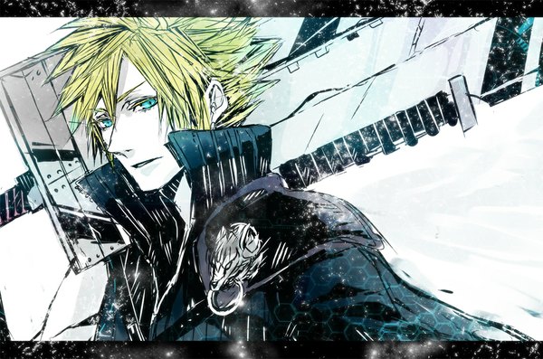 Anime picture 1100x729 with final fantasy vii advent children final fantasy final fantasy vii square enix cloud strife mollo single looking at viewer short hair open mouth blonde hair aqua eyes letterboxed pale skin spiked hair boy weapon sword huge weapon huge sword