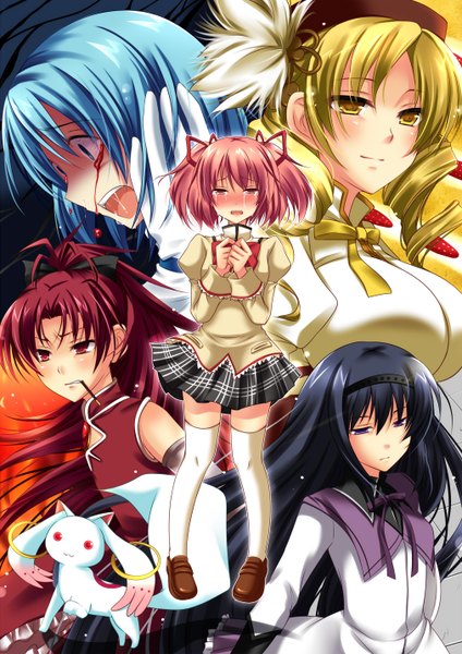 Anime picture 1012x1432 with mahou shoujo madoka magica shaft (studio) akemi homura kaname madoka sakura kyouko miki sayaka tomoe mami kyuubee kirise long hair tall image blush short hair open mouth black hair blonde hair red eyes purple eyes multiple girls blue hair