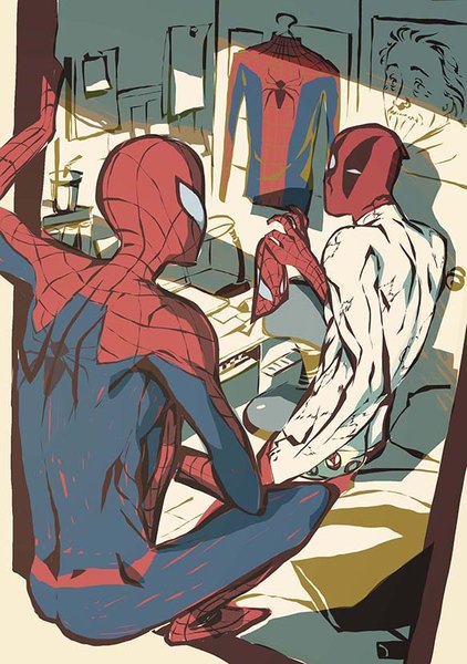 Аниме картинка 583x827 с marvel comics spider-man (series) spiderman deadpool dual (artist) высокое изображение сидит в помещении длинные рукава несколько мальчиков шрам на корточках супергерой рисование мужчина нижнее бельё рубашка окно подушка 2 мальчика