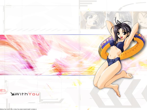 Anime picture 1600x1200 with with you hikawa naori hashimoto takashi kutsi single looking at viewer short hair open mouth black hair signed full body bent knee (knees) :d grey eyes girl swimsuit swim ring