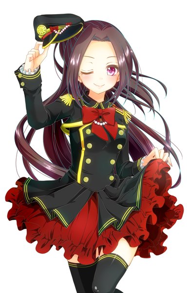 Anime picture 1000x1563 with original aoi (kiyokiyoaomushi) single long hair tall image looking at viewer blush simple background smile brown hair standing white background purple eyes holding bent knee (knees) nail polish one eye closed arm up wink zettai ryouiki