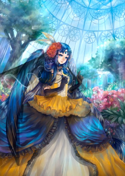 Anime picture 900x1263 with original haruci single long hair tall image looking at viewer blue eyes blue hair hair flower girl dress gloves hair ornament flower (flowers) plant (plants) wings tree (trees) elbow gloves