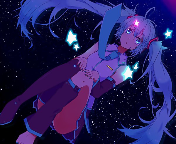 Anime picture 1200x980 with vocaloid hatsune miku uso (artist) long hair blue eyes twintails blue hair ahoge nail polish night sky single shoe girl detached sleeves necktie star (symbol) star (stars)