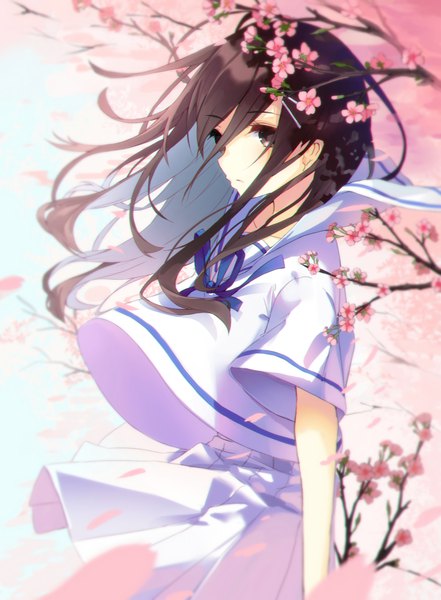 Anime picture 735x1000 with original amahara pekozaemon single long hair tall image fringe hair between eyes brown hair standing brown eyes looking away sky outdoors pleated skirt multicolored hair wind two-tone hair short sleeves colored inner hair sailor collar