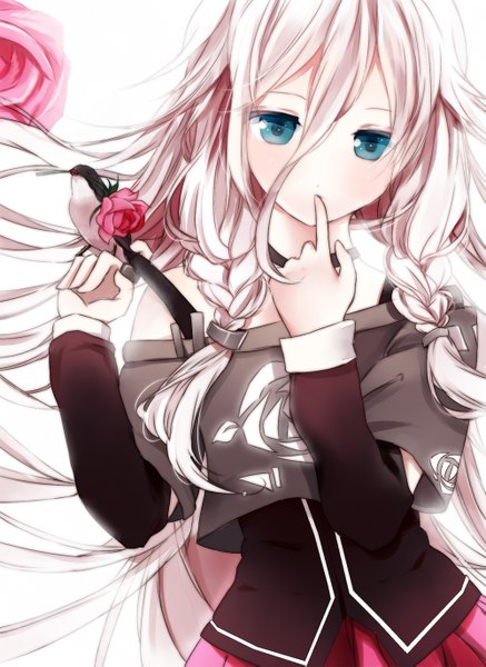 Anime picture 1000x1373 with vocaloid ia (vocaloid) cangchen single long hair tall image looking at viewer blush blue eyes simple background white background white hair braid (braids) finger to mouth girl skirt flower (flowers) choker rose (roses) blouse