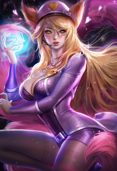 Anime picture 1095x1600 with league of legends ahri (league of legends) popstar ahri (league of legends) sakimichan single long hair tall image looking at viewer blush fringe breasts light erotic blonde hair hair between eyes animal ears yellow eyes payot cleavage tail long sleeves