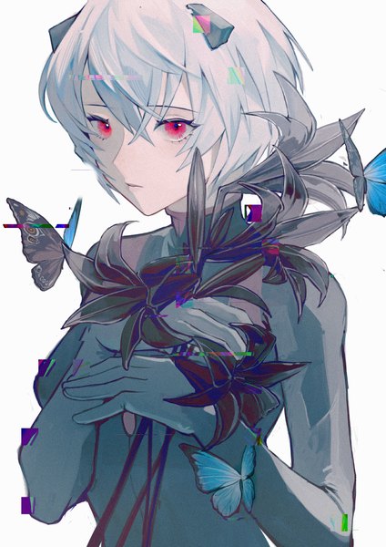 Anime picture 2248x3182 with neon genesis evangelion gainax ayanami rei dou (doudouzi) single tall image fringe highres short hair simple background hair between eyes red eyes white background looking away silver hair upper body girl flower (flowers) insect butterfly