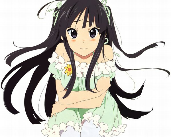 Anime picture 1280x1024 with k-on! kyoto animation akiyama mio horiguchi yukiko single long hair looking at viewer black hair simple background white background official art two side up frilled dress girl dress ribbon (ribbons) hair ribbon frills