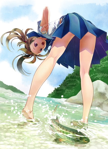 Anime picture 1000x1382 with original kaekae single long hair tall image open mouth brown hair twintails brown eyes barefoot river girl serafuku fish (fishes)