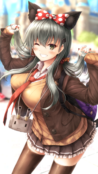 Anime picture 750x1334 with kantai collection rensouhou-chan suzuya heavy cruiser suien single long hair tall image looking at viewer blush fringe breasts smile hair between eyes standing twintails green eyes animal ears long sleeves nail polish pleated skirt