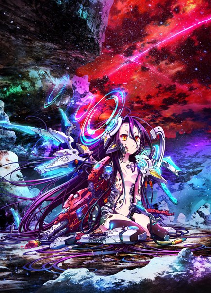 Anime picture 2253x3116 with no game no life madhouse shuvi (no game no life) single tall image highres light erotic sitting yellow eyes looking away purple hair ahoge very long hair parted lips nude night official art night sky kneeling wariza