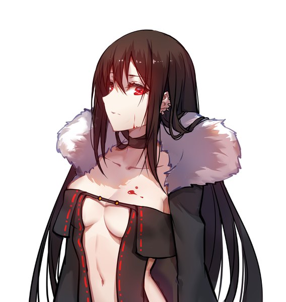 Anime picture 2738x2893 with fate (series) fate/grand order yu mei-ren (fate) xion32 single long hair tall image looking at viewer fringe highres breasts light erotic simple background hair between eyes red eyes brown hair large breasts payot upper body profile