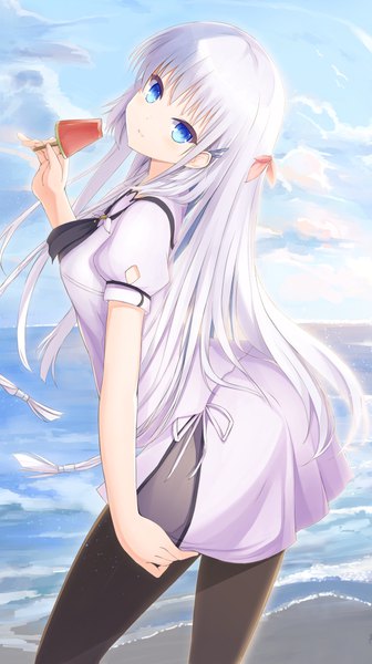 Anime picture 4799x8571 with summer pockets key (studio) naruse shiroha haku89 single long hair tall image looking at viewer blush fringe highres blue eyes smile hair between eyes standing absurdres sky cloud (clouds) outdoors white hair