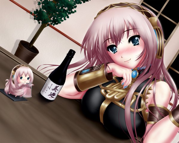 Anime picture 1280x1027 with vocaloid megurine luka long hair breasts light erotic pink hair nail polish chibi solid eyes girl bottle