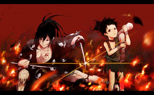 Anime picture 4685x2894 with dororo (tezuka) hyakkimaru (dororo) dororo (character) mosu918 long hair looking at viewer fringe highres short hair black hair hair between eyes wide image standing holding brown eyes absurdres bent knee (knees) ponytail torn clothes letterboxed