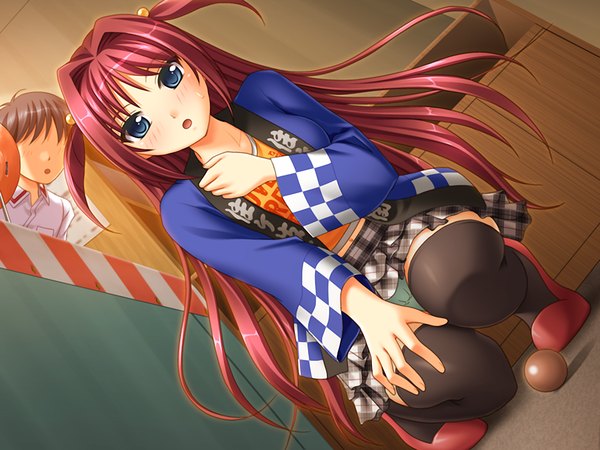 Anime picture 1200x900 with fukubiki! triangle shinonome miharu long hair blue eyes light erotic game cg red hair pantyshot sitting girl