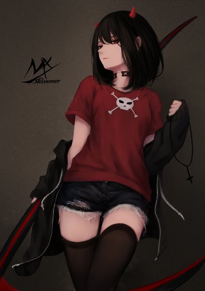 Anime picture 1450x2051 with original shimmer single tall image looking at viewer fringe short hair black hair simple background hair between eyes red eyes standing holding signed horn (horns) off shoulder open jacket sleeves past wrists skull print girl