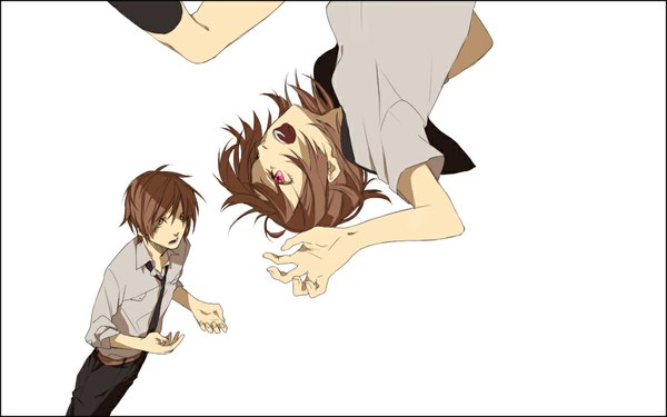 Anime picture 1000x625 with original saikawa short hair open mouth simple background brown hair wide image standing white background yellow eyes ahoge pink eyes couple open collar upside down girl boy shirt socks necktie