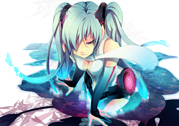 Anime picture 1200x848 with vocaloid vocaloid append hatsune miku hatsune miku (append) domco single long hair fringe twintails aqua eyes hair over one eye aqua hair girl detached sleeves