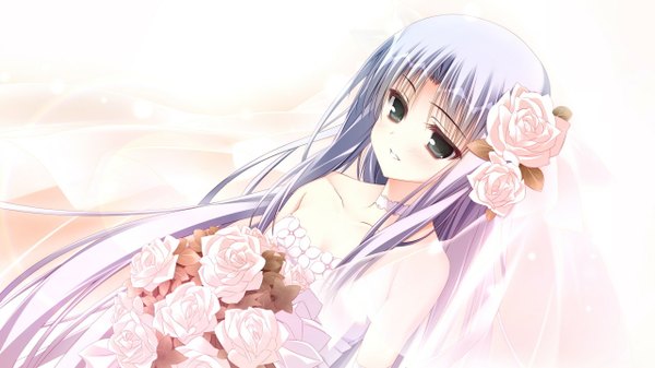 Anime picture 1280x720 with himawari no kyoukai to nagai natsuyasumi nonohara hinazakura motoyon single long hair blush blue eyes simple background wide image white background bare shoulders game cg silver hair hair flower girl dress hair ornament flower (flowers) bouquet wedding dress