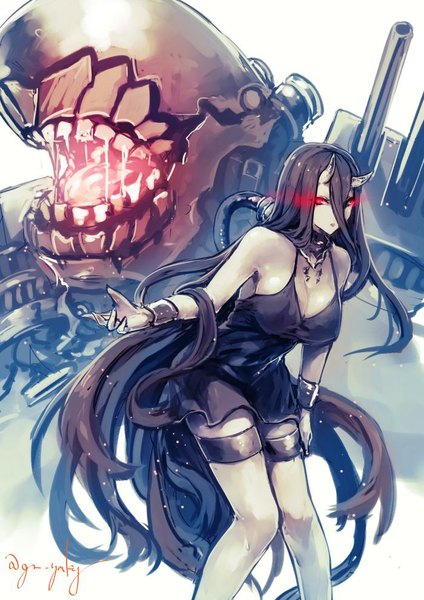 Anime picture 700x990 with kantai collection battleship-symbiotic hime kyouya (mukuro238) single tall image looking at viewer fringe breasts open mouth light erotic black hair simple background hair between eyes red eyes large breasts standing white background signed cleavage very long hair