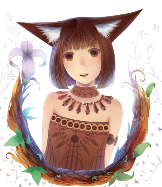 Anime picture 1733x2000 with original bounin tall image highres short hair black hair brown eyes animal ears girl flower (flowers)