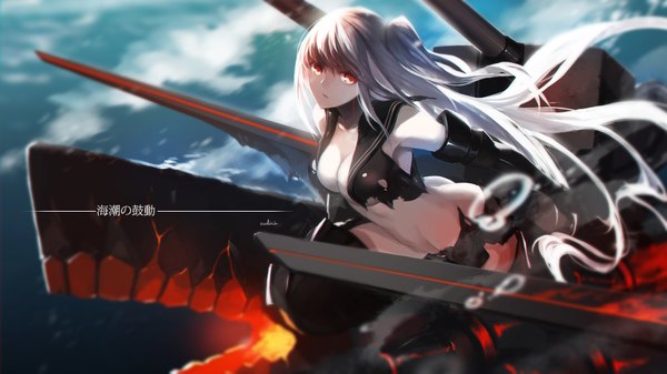 Anime picture 1890x1063 with kantai collection aircraft carrier hime swd3e2 single looking at viewer highres breasts light erotic wide image signed cleavage inscription no bra teeth orange eyes no panties one side up pale skin shinkaisei-kan girl
