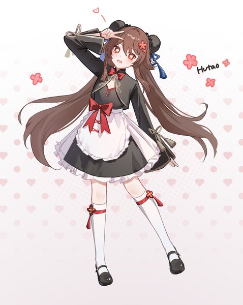 Anime picture 2200x2764 with genshin impact hu tao (genshin impact) yukiri (l ii) single long hair tall image looking at viewer blush fringe highres open mouth simple background smile hair between eyes red eyes brown hair standing twintails full body long sleeves