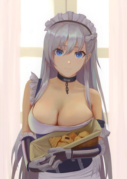 Anime picture 980x1386 with azur lane belfast (azur lane) kamikakushi no ocarino single long hair tall image looking at viewer blush fringe breasts blue eyes light erotic hair between eyes large breasts standing bare shoulders cleavage silver hair indoors braid (braids)